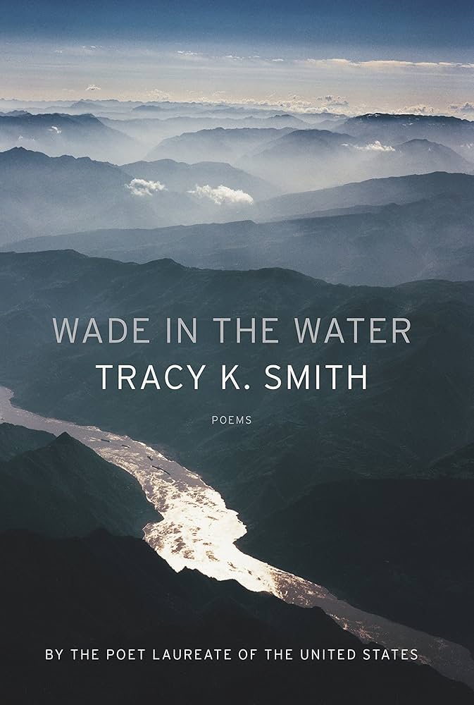 "Wade in the Water" in gray text, with "Tracy K. Smith" in white text below. Background is blue-toned with mountains, river, clouds, and sky