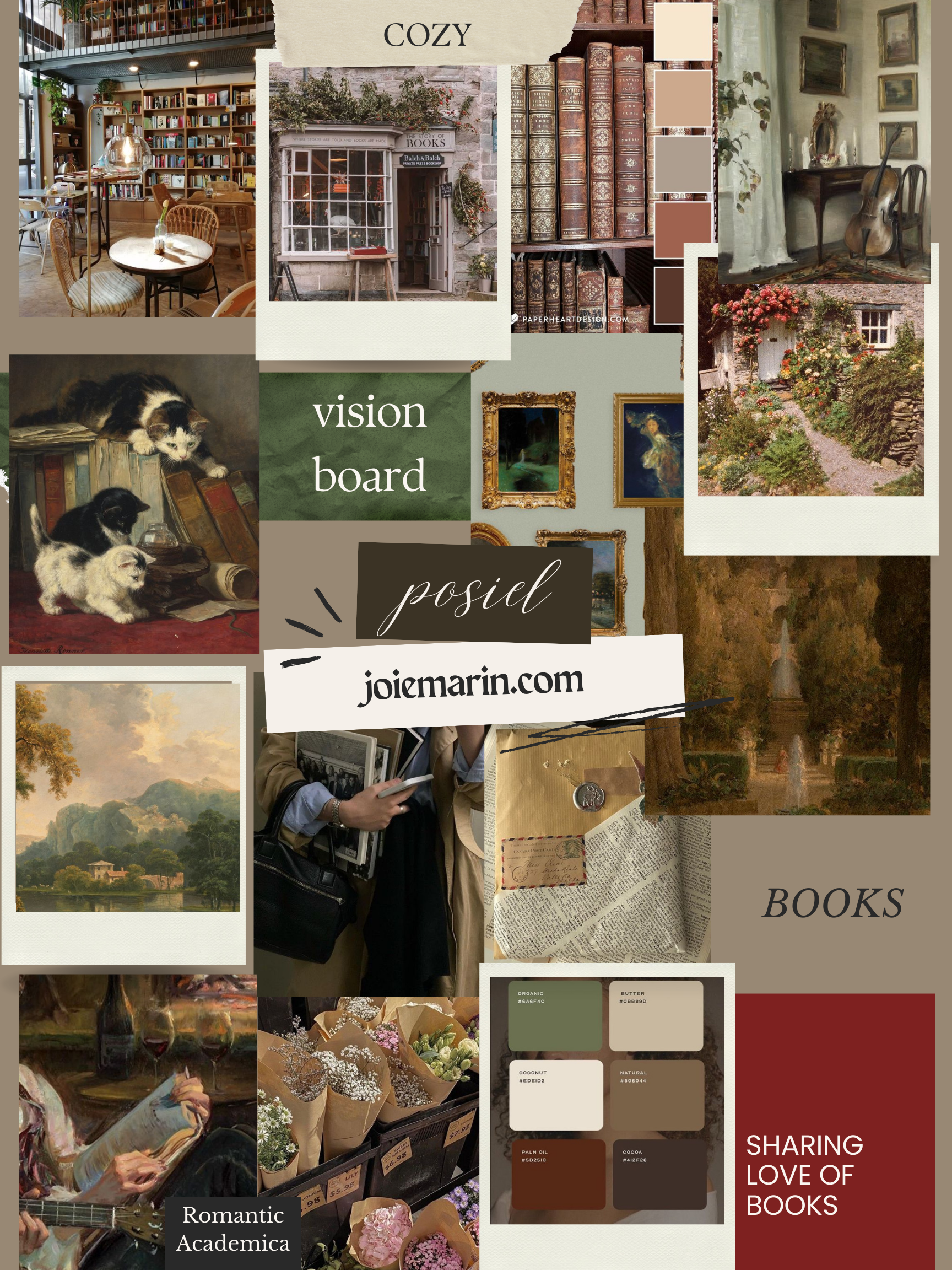 Vision board with various books, cats, paintings, flowers, greens, browns, and reds