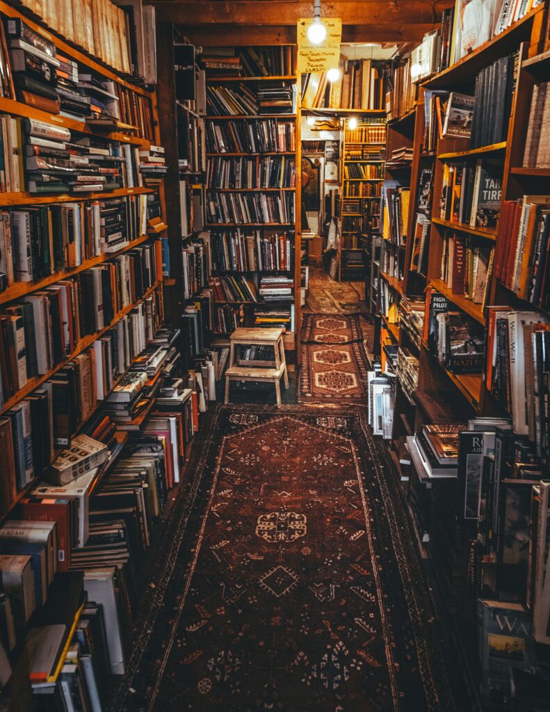 vintage aesthetic bookstore with shelves full of books in dim lighting